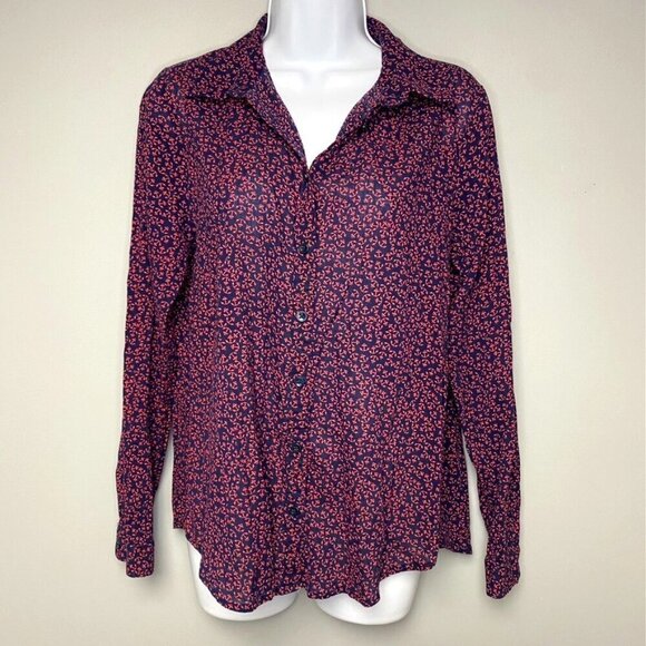 LOFT 100% Cotton Navy Pink Anchor Button Up Long Sleeve Nautical Top Size M - Picture 1 of 6